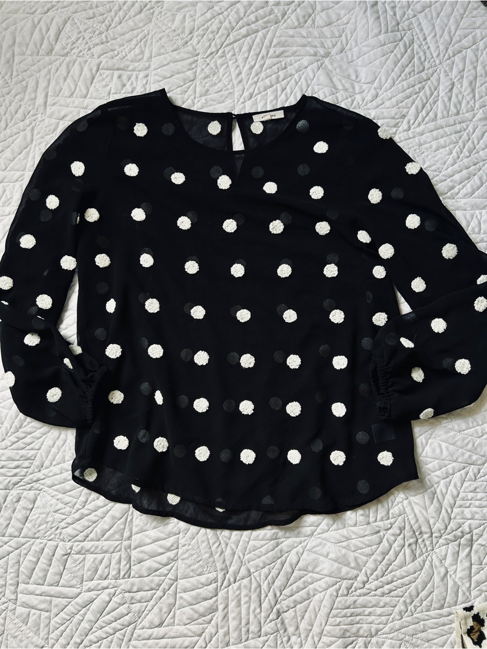 Pleione Sheer Black Polka Dot Long-Sleeve Blouse